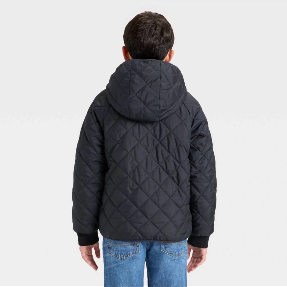 Cat & Jack Boys Hooded Reversible Puffer Jacket - Black/Gray Medium (8) NWT